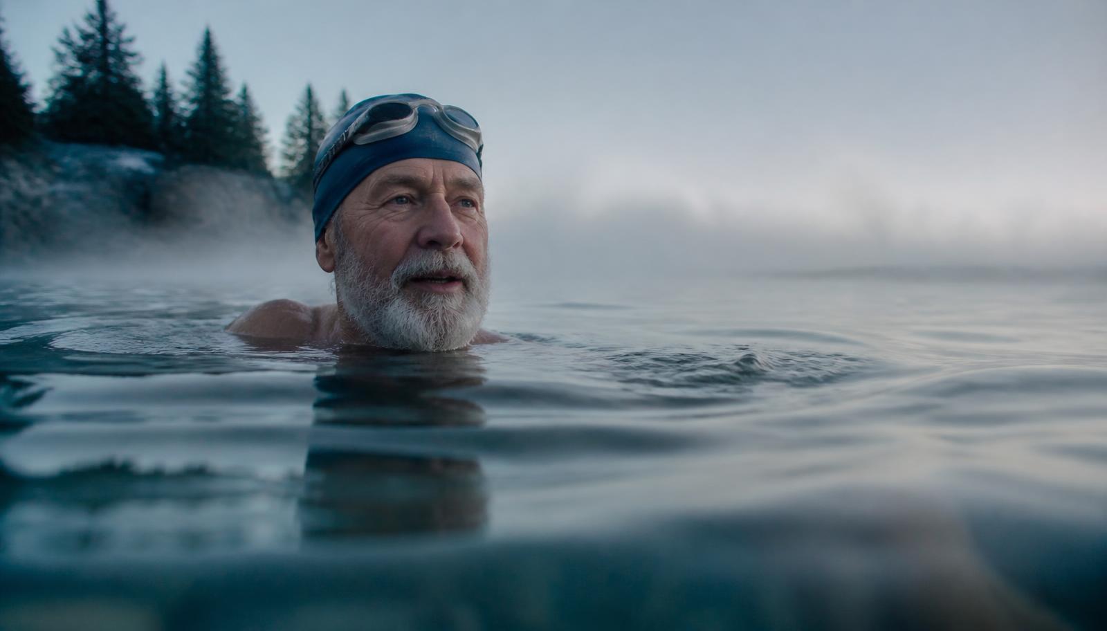 An older man swimming in calm, misty water at dawn