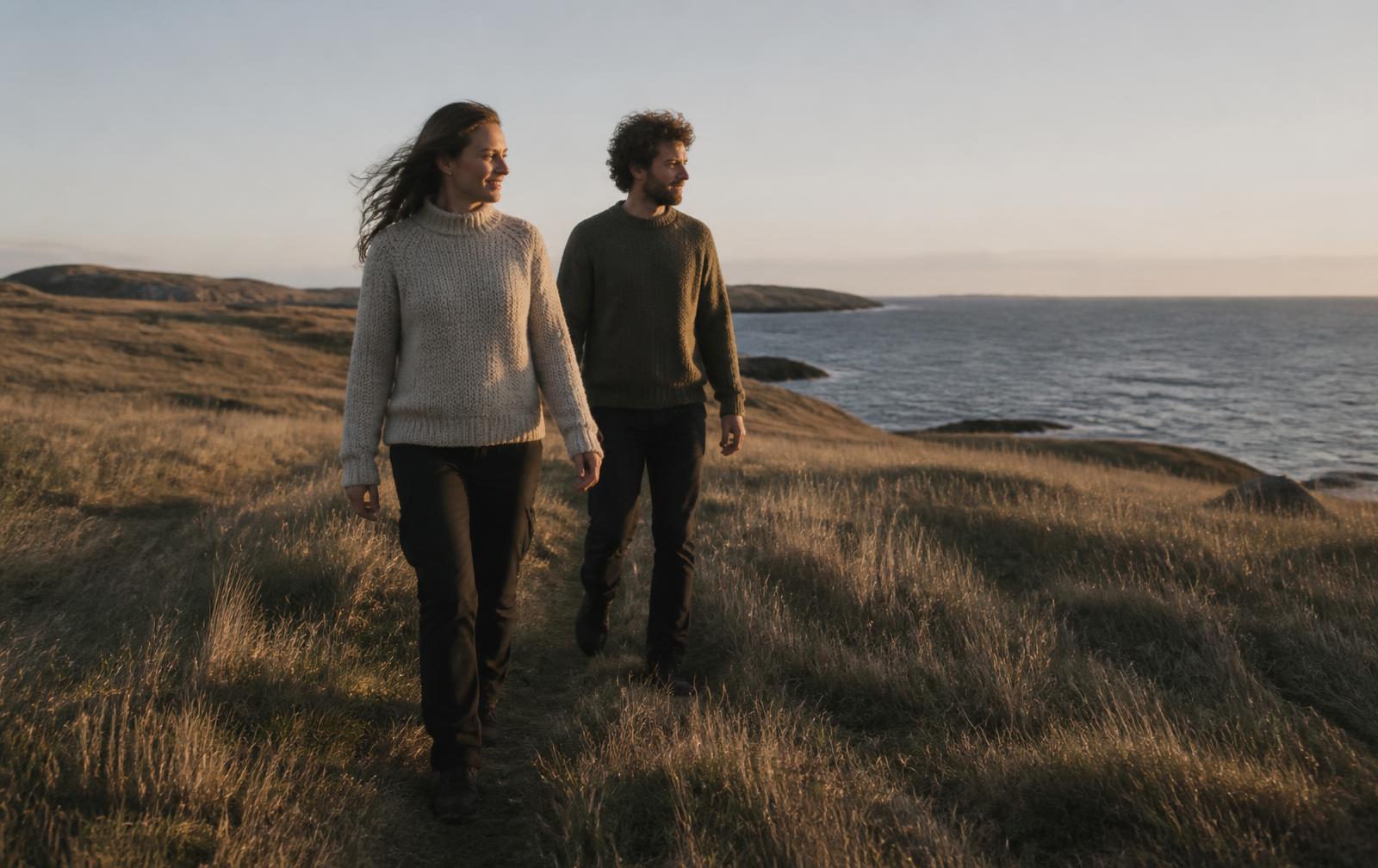 Two people walking along a Nordic coastline in the late afternoon light