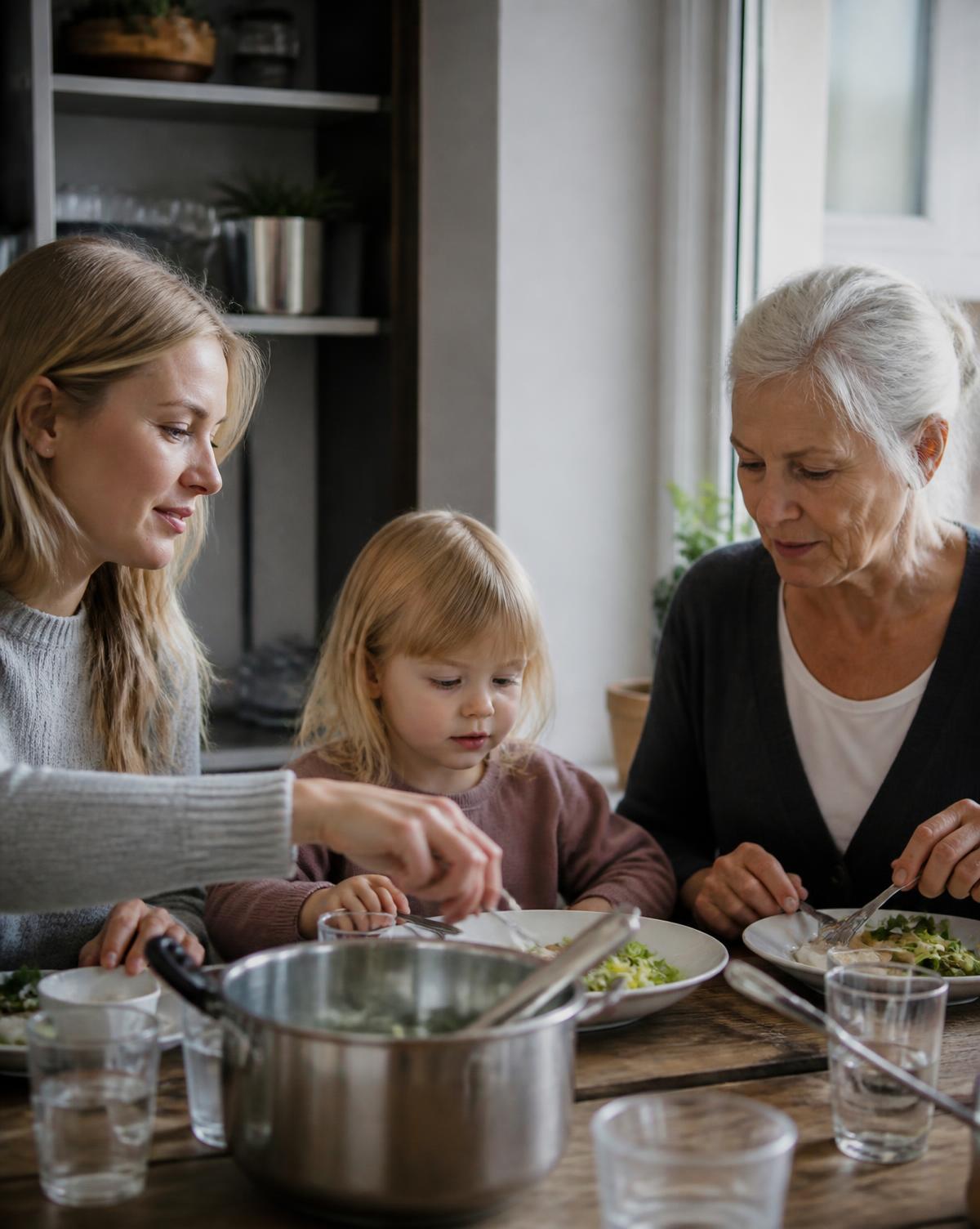 Three generations sharing a meal at a kitchen table in daylight